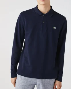 Polo blu manica lunga classic fit L.13.12 in petit piqué