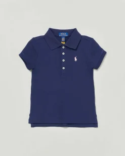 Polo blu Ralph Lauren a maniche corte in cotone stretch con logo pony rosa