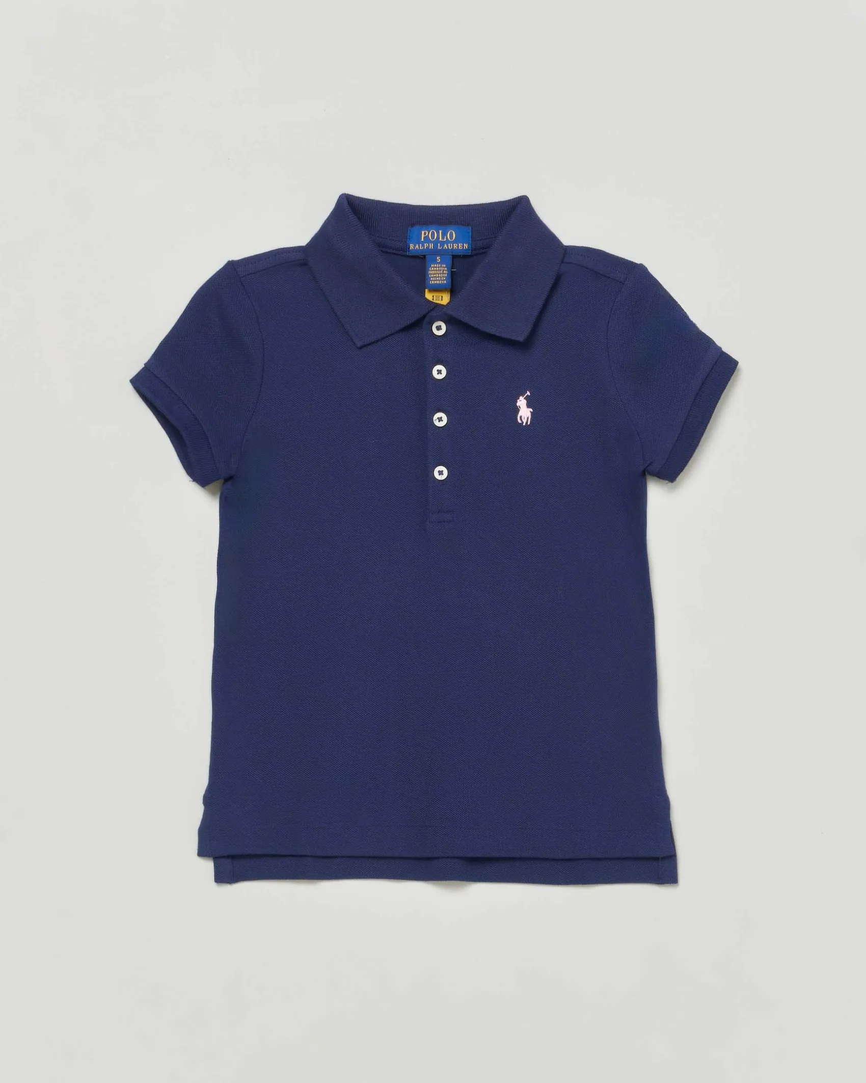 Polo blu Ralph Lauren a maniche corte in cotone stretch con logo pony rosa