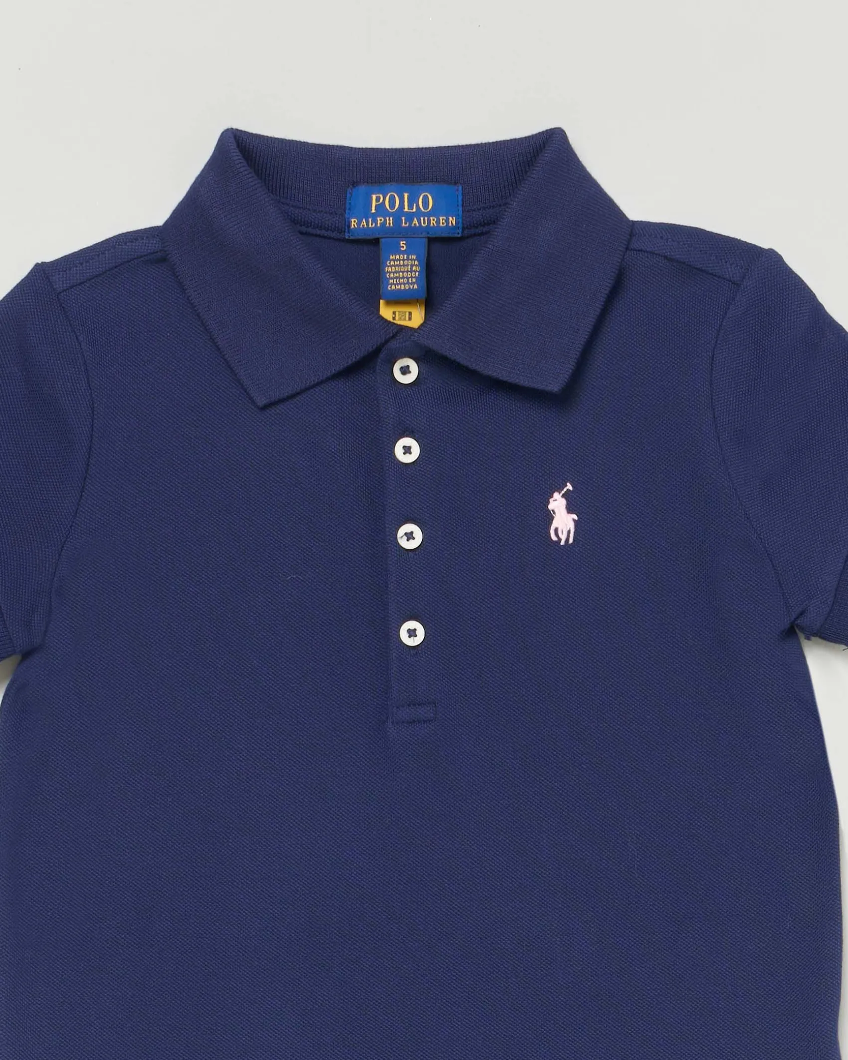 Polo blu Ralph Lauren a maniche corte in cotone stretch con logo pony rosa