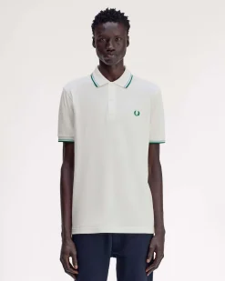 Polo Fred Perry bianca mezza manica con bordino verde e azzurro