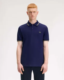 Polo Fred Perry blu indaco mezza manica con bordino verde salvia