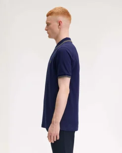 Polo Fred Perry blu indaco mezza manica con bordino verde salvia