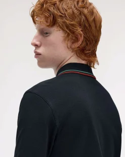 Polo Fred Perry blu mezza manica con bordino rosso e verde