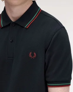 Polo Fred Perry blu mezza manica con bordino rosso e verde