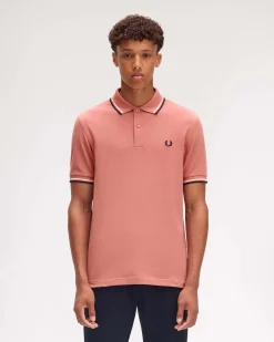 Polo Fred Perry rosa antico mezza manica con bordino blu e bianco