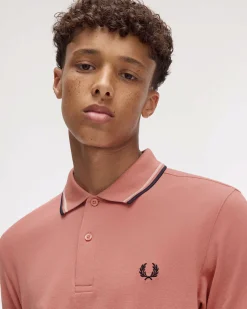 Polo Fred Perry rosa antico mezza manica con bordino blu e bianco