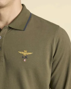 Polo manica lunga Aeronautica Militare verde militare in micro piquè di puro cotone con bordino blu