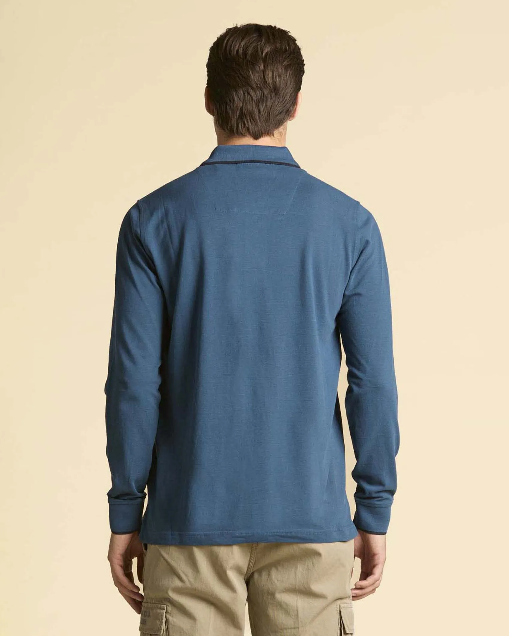 Polo manica lunga Aeronautica Militare ottanio in micro piquè di puro cotone con bordino blu