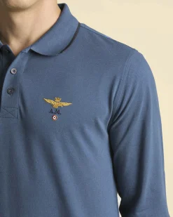 Polo manica lunga Aeronautica Militare ottanio in micro piquè di puro cotone con bordino blu