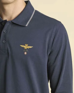 Polo manica lunga Aeronautica Militare blu in micro piquè di puro cotone con bordino grigio