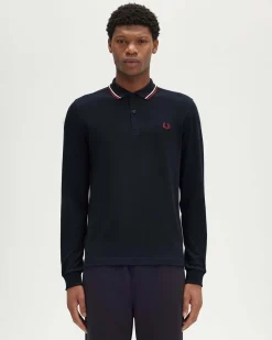 Polo manica lunga Fred Perry blu con bordino bianco e rosso