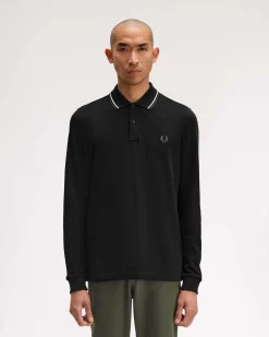 Polo manica lunga Fred Perry nera con bordino bianco e militare