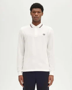 Polo manica lunga Fred Perry bianca con bordino blu e rosso