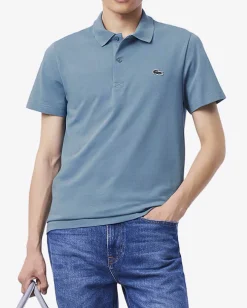 Polo mezza manica blu denim in cotone organico stretch punto wafer