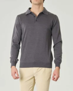 Polo Pellizzari a manica lunga grigio medio maglia di pura lana merino