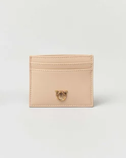 Porta carte di credito beige in pelle mano seta con taschina e fibbia Love Birds dorata