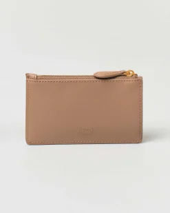 Porta carte di credito color cammello in pelle con fibbia Lover Birds dorata