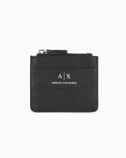 Porta carte di credito nero in similpelle effetto martellato con scritta logo argento