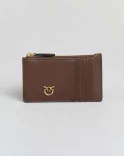 Porta carte di credito Pinko marrone in pelle con fibbia Lover Birds dorata