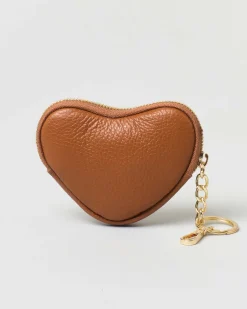 Portachiavi color cuoio in pelle a forma di cuore con cerniera