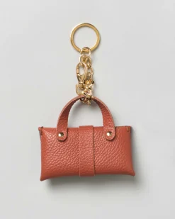 Portachiavi Visonà a borsina in pelle martellata arancione con catena e anello dorati