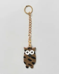 Portachiavi Visonà gufetto in pelle e cavallino a pois color taupe con catena e anello dorati