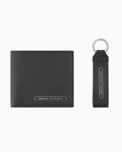 Portafoglio Armani Exchange nero in pelle saffiano con porta chiavi abbinato