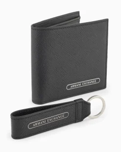Portafoglio Armani Exchange nero in pelle saffiano con porta chiavi abbinato