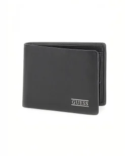 Portafoglio Guess nero in pelle liscia con logo scritta in metallo e tasca portamonete