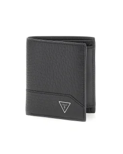 Portafoglio Guess nero piccolo in pelle martellata con logo triangolo e portamonete