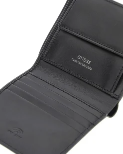 Portafoglio Guess nero piccolo in pelle martellata con logo triangolo e portamonete