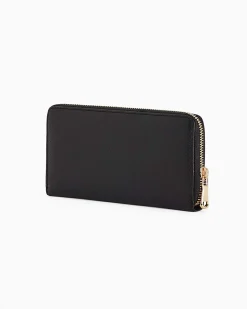 Portafoglio nero in pelle effetto martellato con scritta logo e cerniera