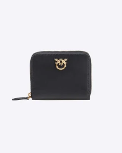 Portafoglio nero in pelle con fibbia Love Birds dorata su base in pelle tono su tono