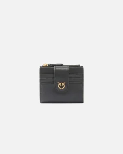 Portafoglio piccolo nero Pinko in pelle liscia con chiusura a listino e logo Love Birds dorata