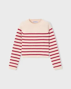 Pullover Mayoral tricot in misto viscosa color avorio a righe rosse e maniche lunghe