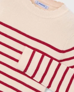 Pullover Mayoral tricot in misto viscosa color avorio a righe rosse e maniche lunghe