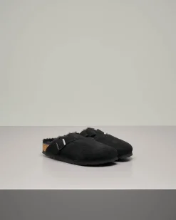 Sabot Boston nero in pelle scamosciata con interno in shearling tono su tono