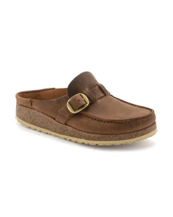 Sabot color cognac in nabuk stile mocassino con fibbia in metallo laterale