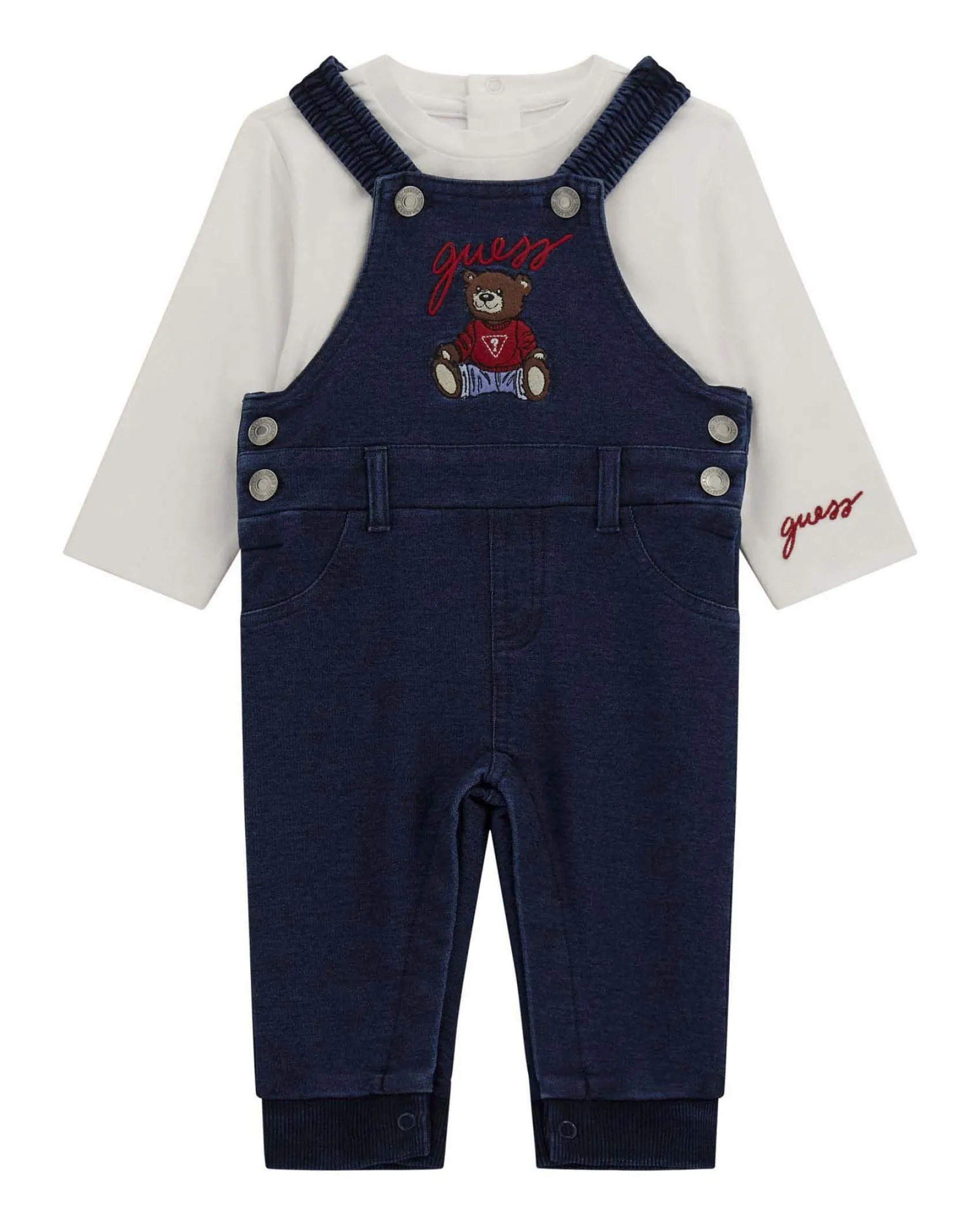 Salopette Guess in cotone stretch blu e maglia bianca a maniche lunghe