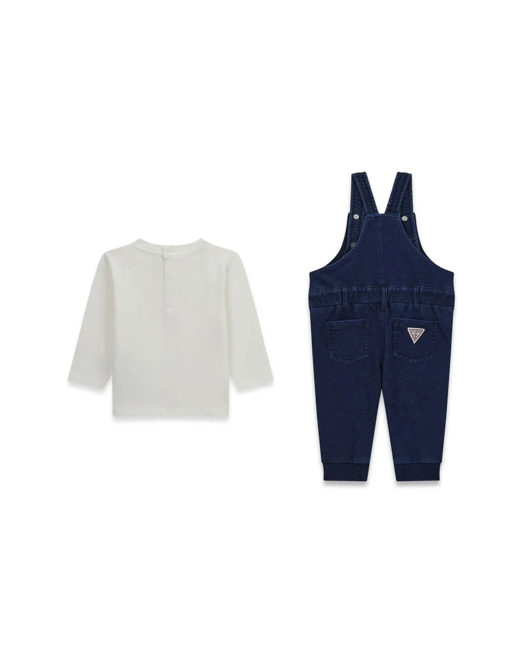 Salopette Guess in cotone stretch blu e maglia bianca a maniche lunghe