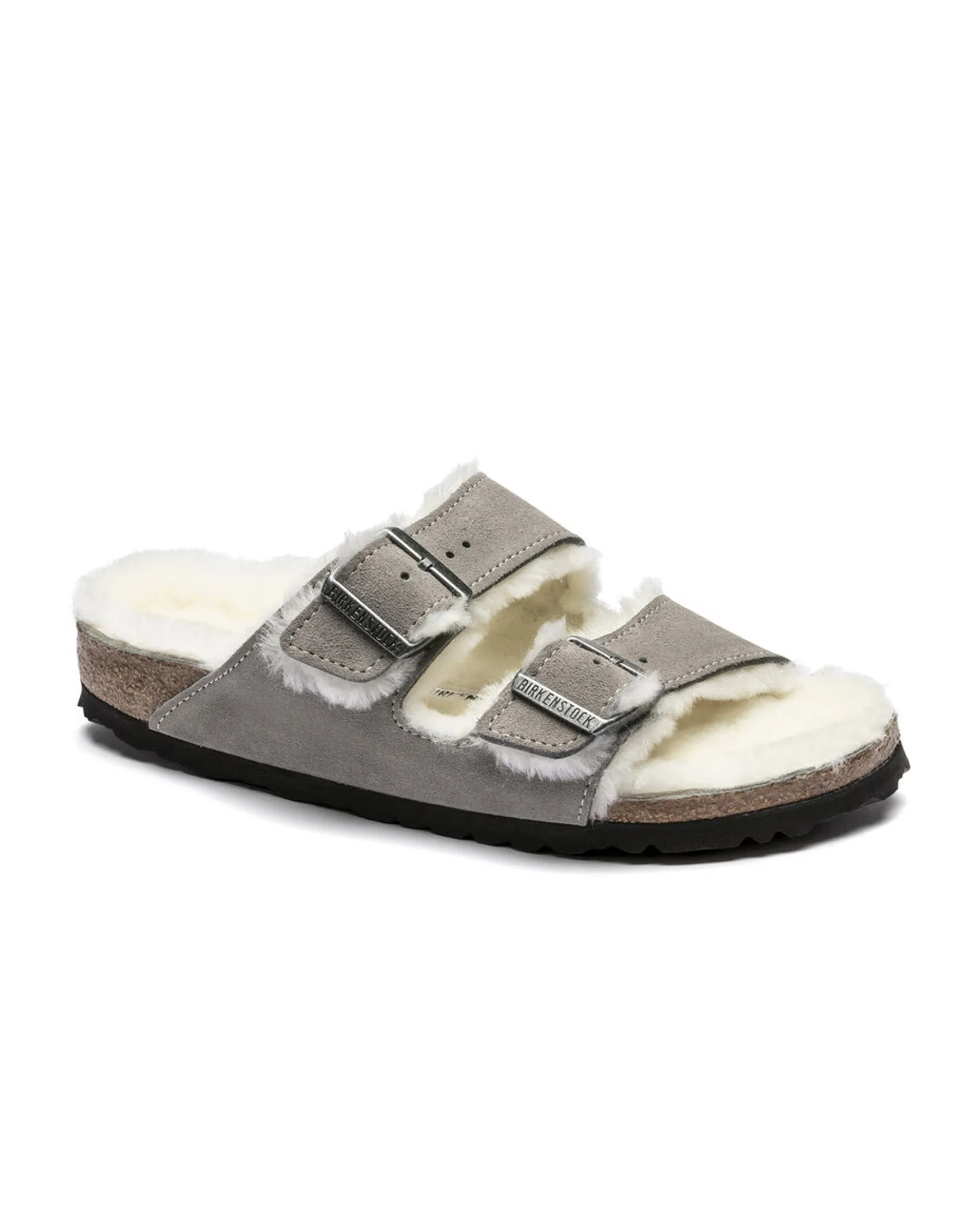 Sandalo Arizona color gesso in pelle scamosciata con interno in shearling a contrasto