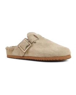 Sandalo beige in suede con interno in shearling tono su tono