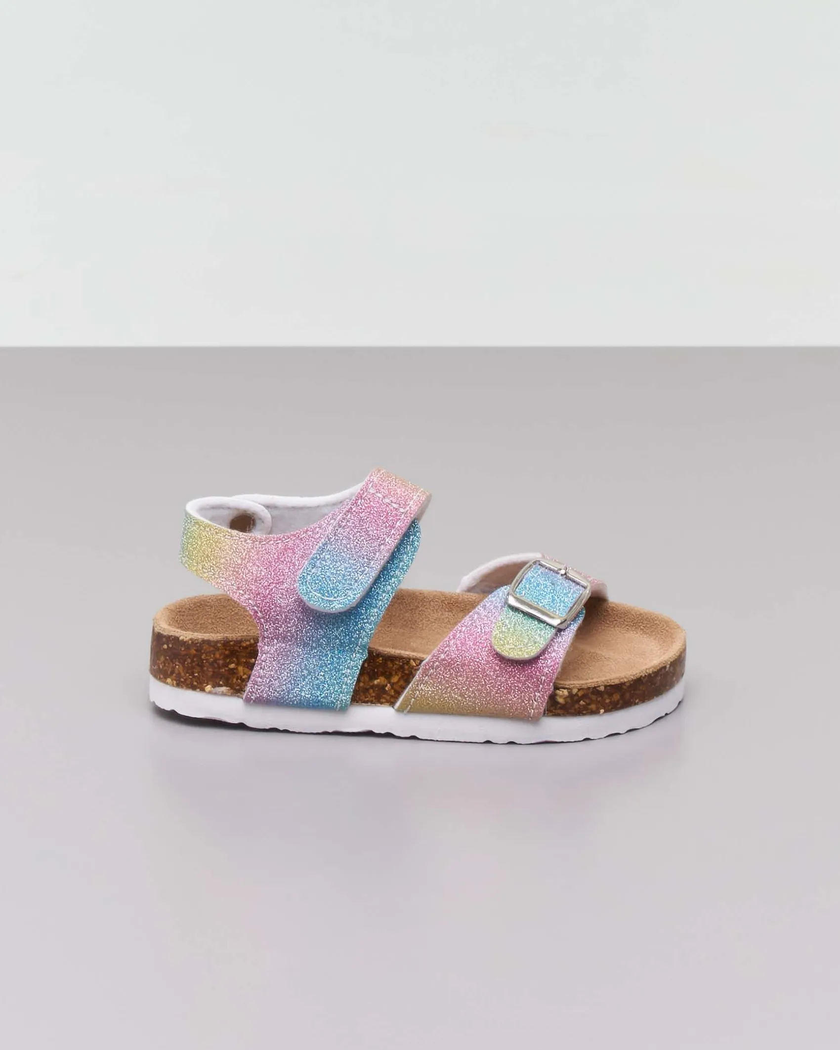 Sandalo multicolor glitterato con fibbia e cinturino a strappo