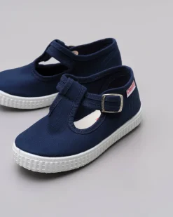 Scarpetta T-bar blu in tela di puro cotone con soula in gomma e chiusura a pressione