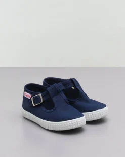 Scarpetta T-bar blu in tela di puro cotone con soula in gomma e chiusura a pressione