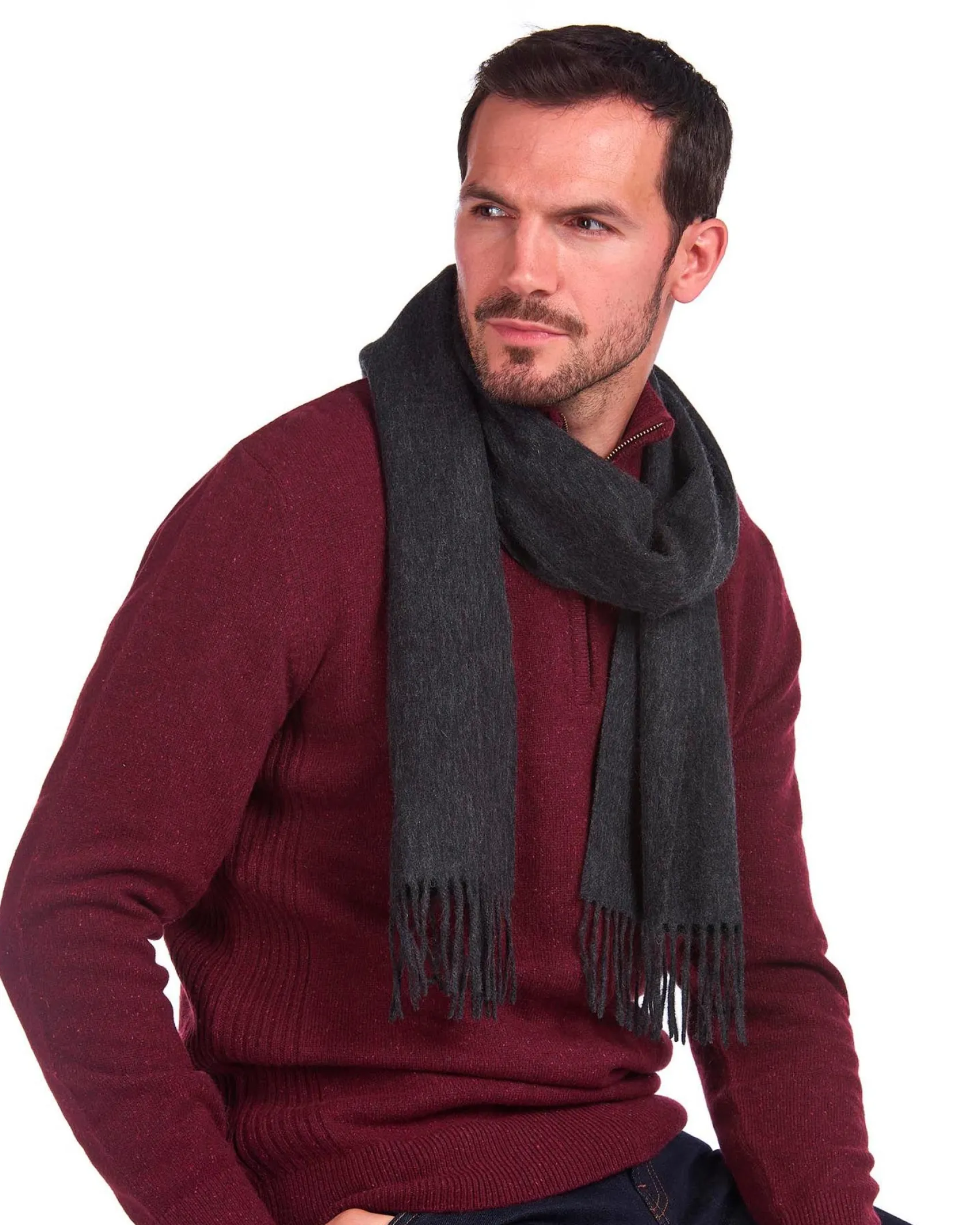 Sciarpa Barbour antracite in pura lana con frange