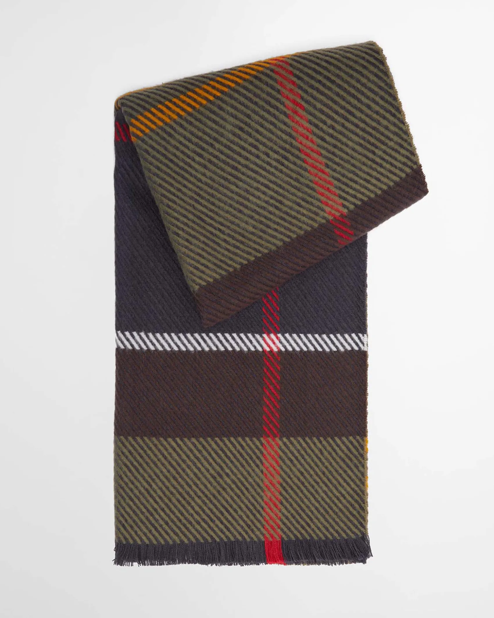 Sciarpa Barbour Blair verde a fantasia tartan blu giallo e marrone in morbito twill con frangette al fondo