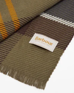 Sciarpa Barbour Blair verde a fantasia tartan blu giallo e marrone in morbito twill con frangette al fondo