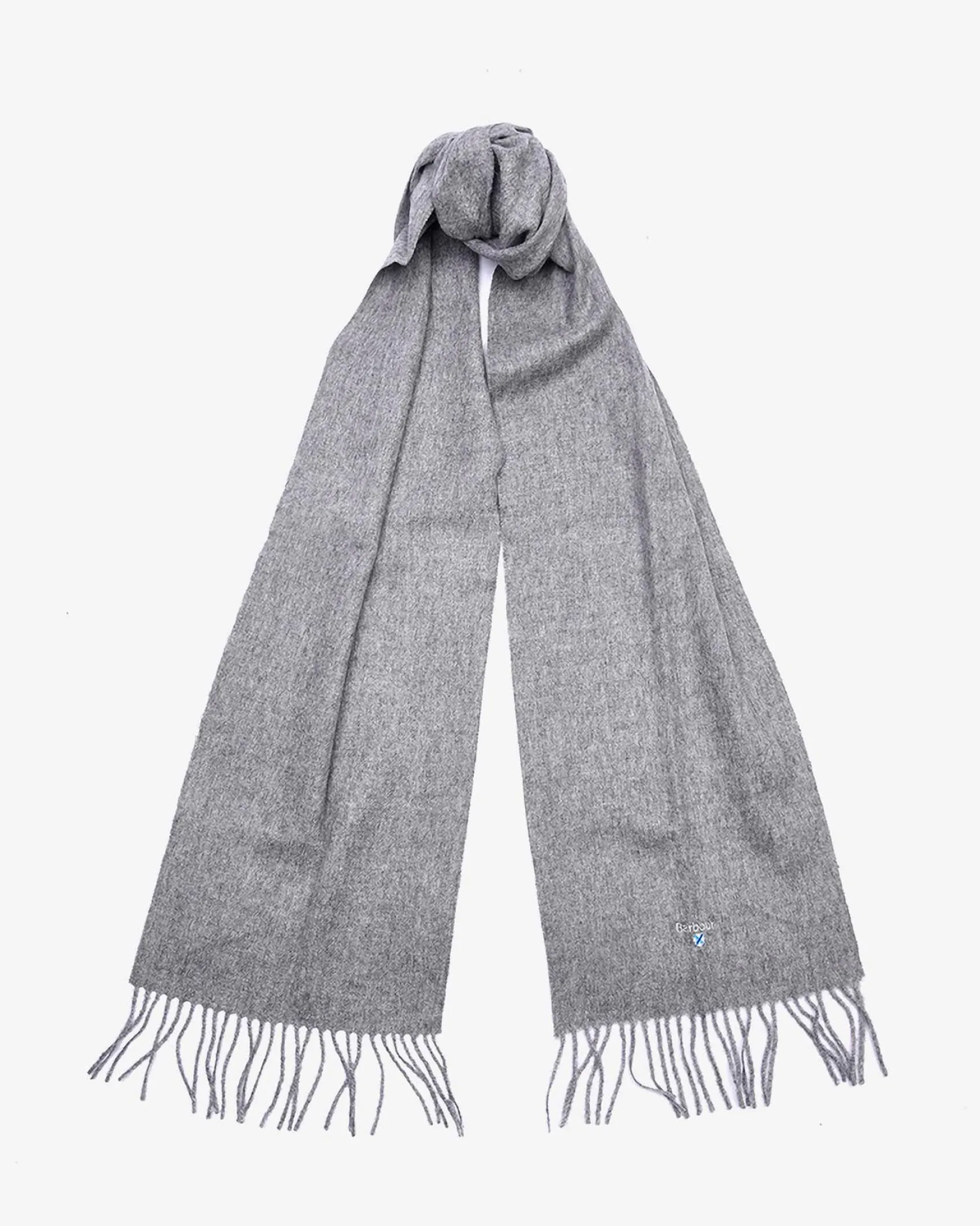 Sciarpa Barbour grigia in pura lana con frange